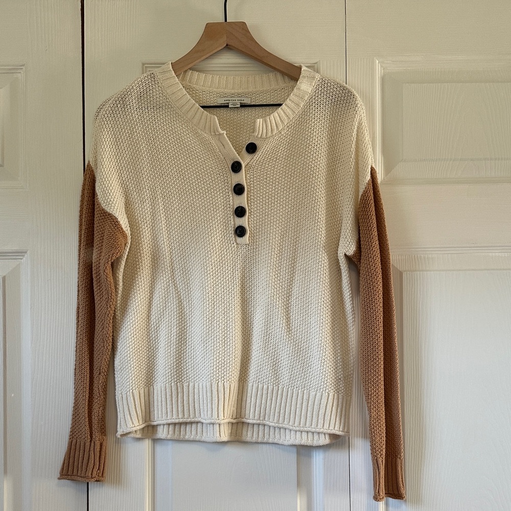 American Eagle Outfitters Cream Knit Henley with Tan Contrast Sleeves